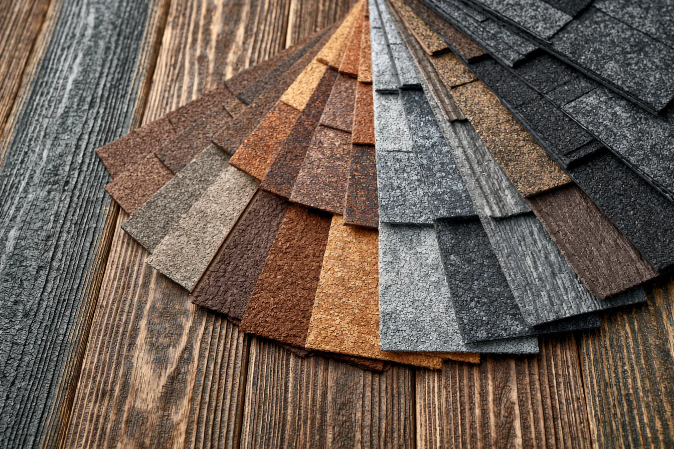 Fan of asphalt shingle color samples spread across a wood plank surface