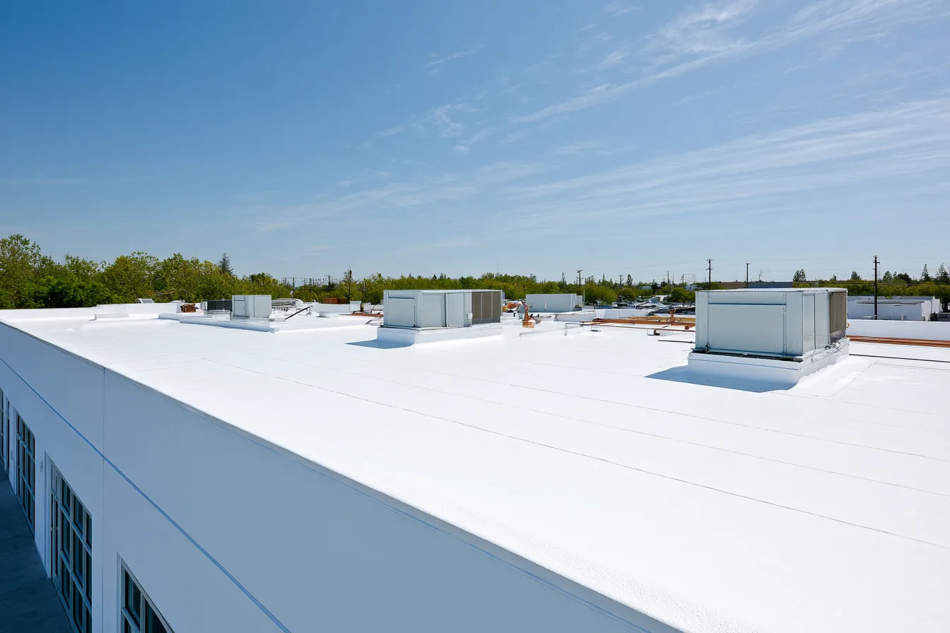 Bright white flat roof with rooftop equipment and visible seam lines