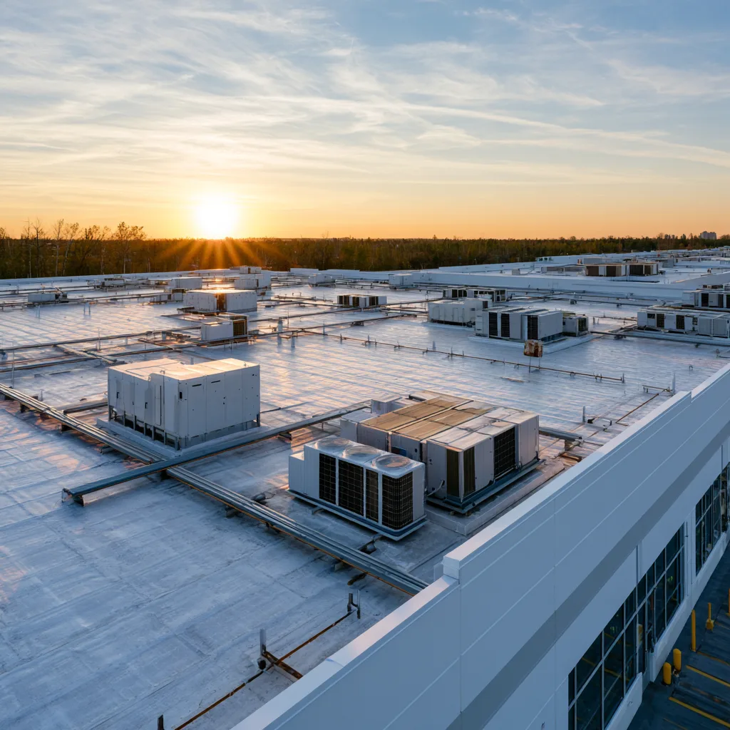 Low sun over a broad white commercial roof with mechanical units