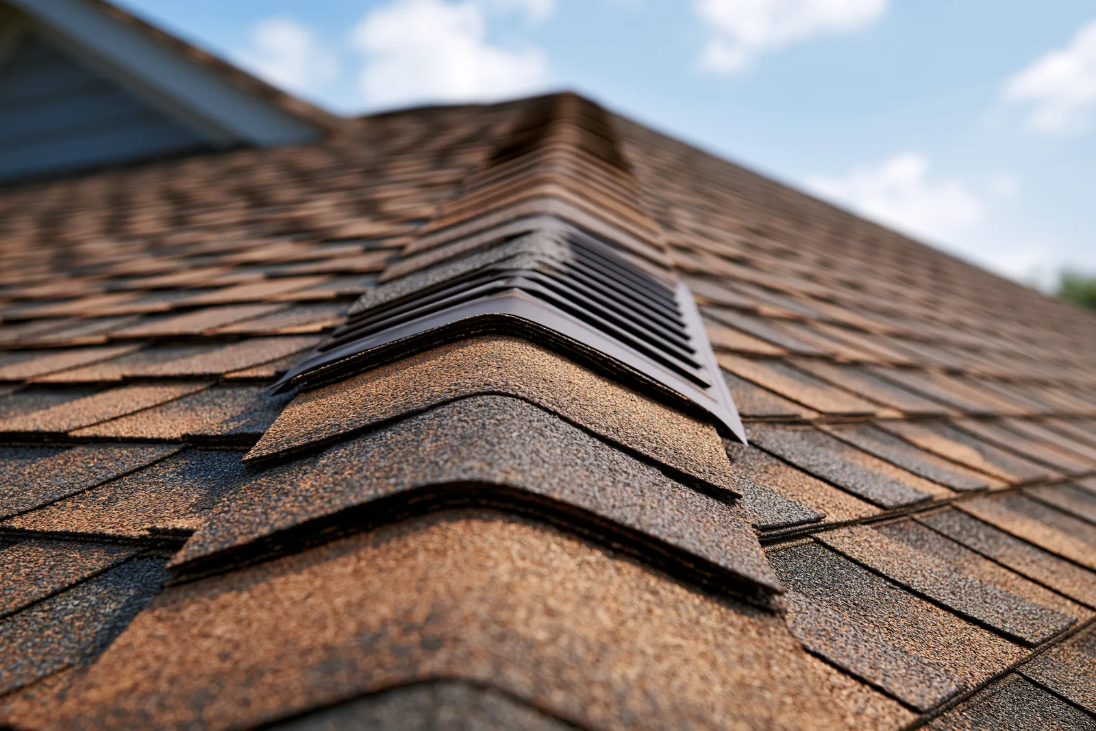 A ridge vent runs along the peak of a brown shingle roof under blue sky