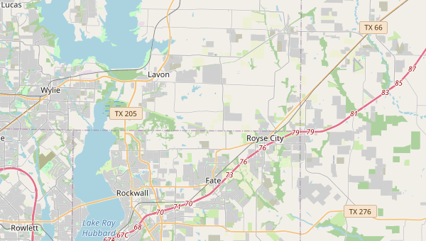 Street map showing Fate between Rockwall and Royse City along Interstate 30 and State Highway 66, with Lake Ray Hubbard to the west