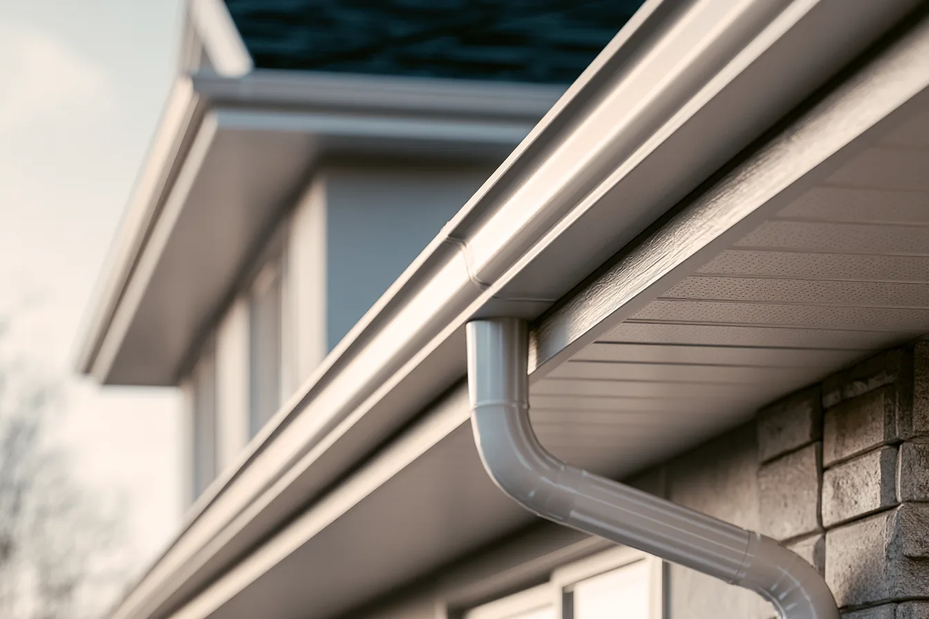 Beige gutter and downspout wrapping a stone accented corner