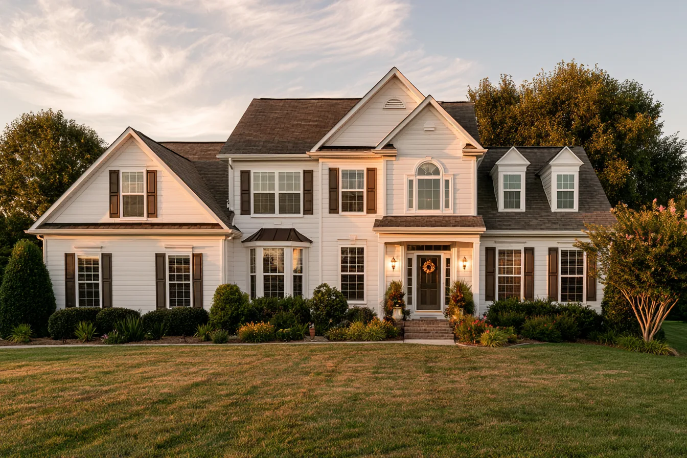 A two-story white home with brown shutters and a brown shingle roof at golden hour