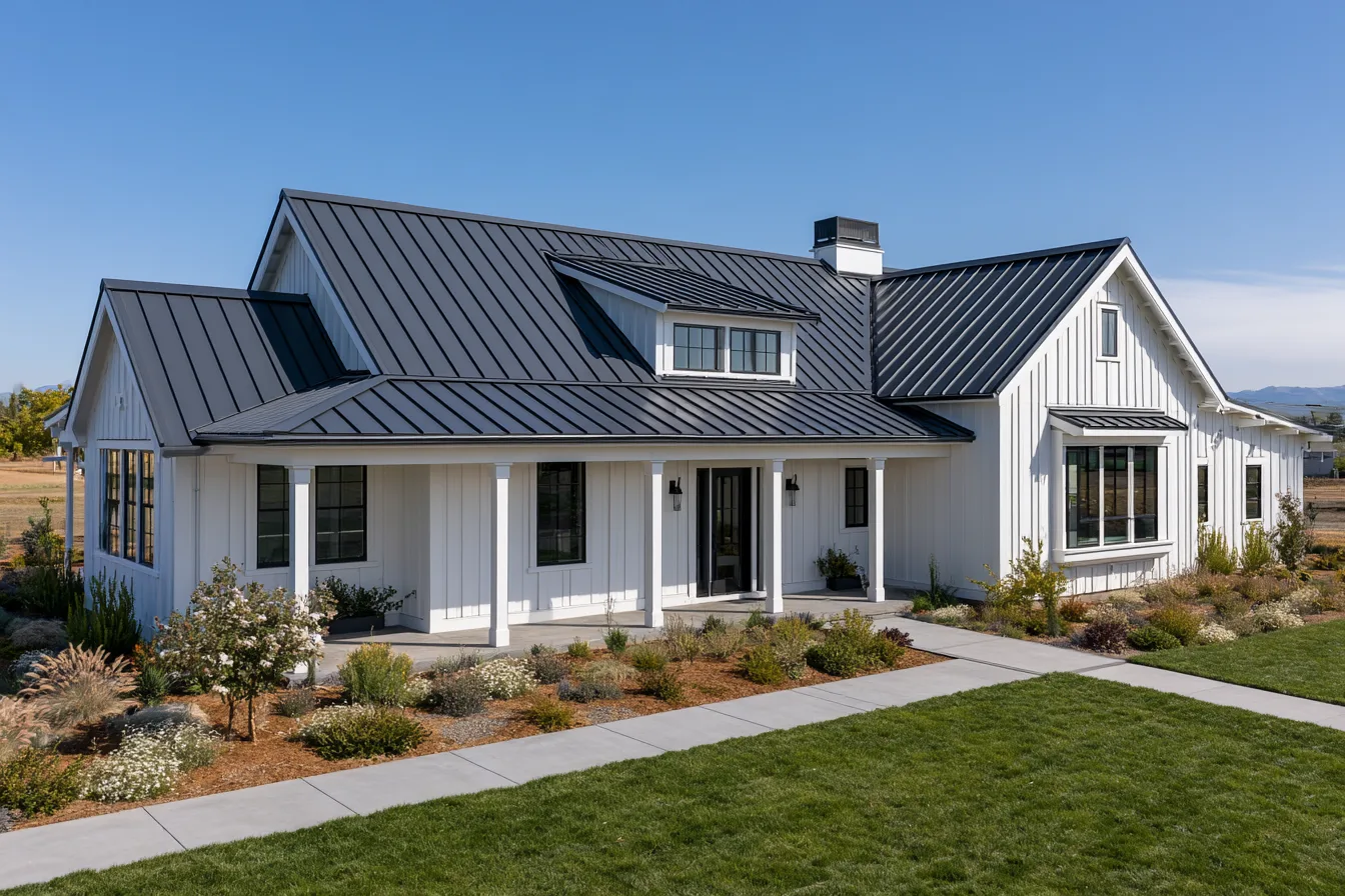 A white farmhouse style home with a charcoal standing seam metal roof under blue sky