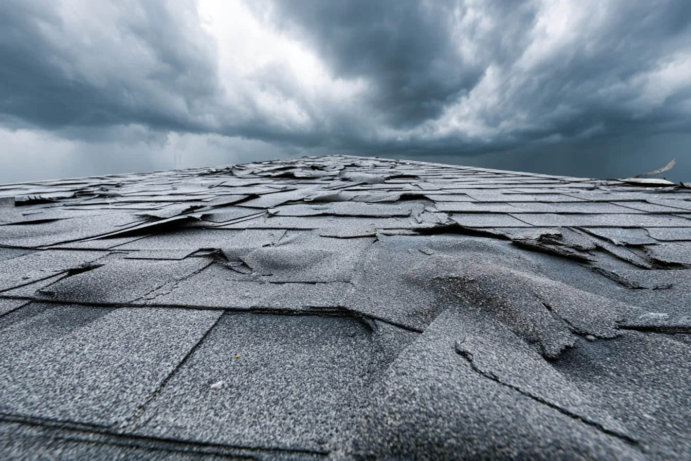 Lifted and broken shingles on a roof beneath dark clouds