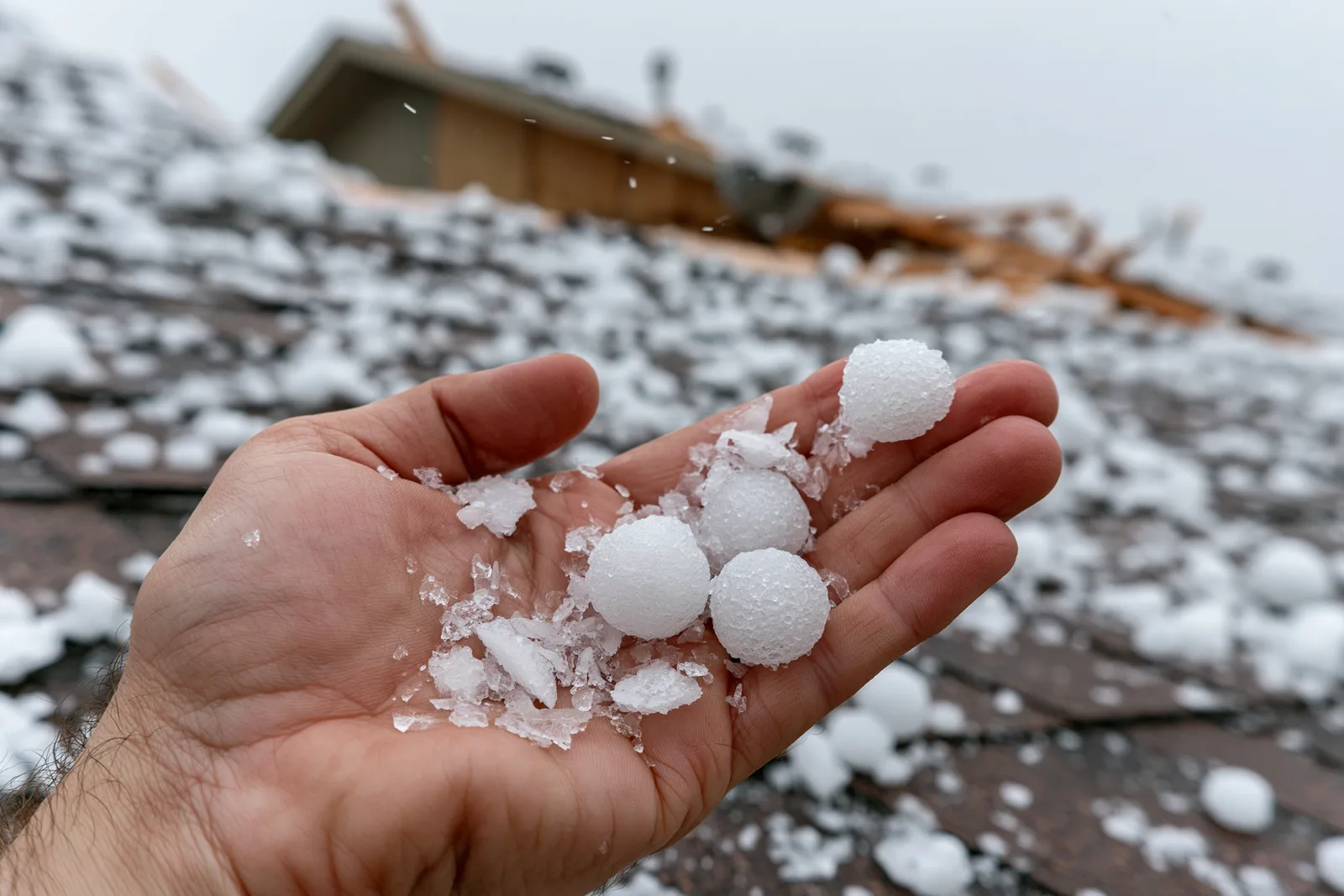 A hand holds several hailstones above a storm-damaged roof missing shingles