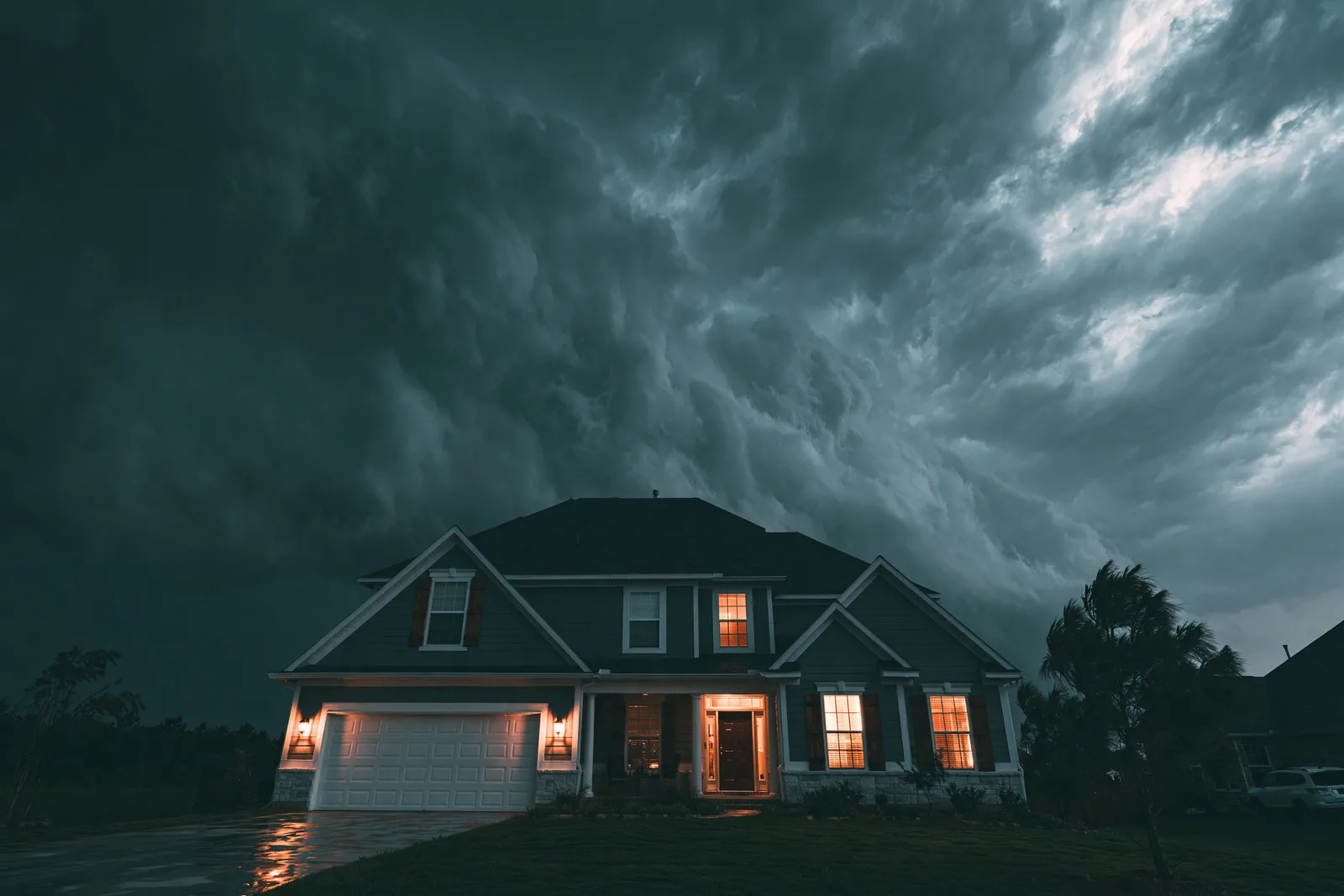 A dramatic storm sky churns above a lit house at dusk